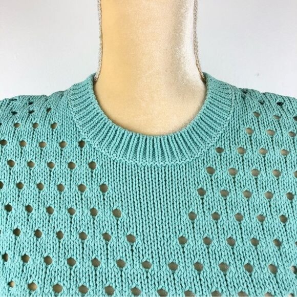Women's Joe Fresh Perforated Knit Crew Neck Short Sleeve Sweater Sz L Turquoise - Picture 8 of 11